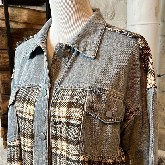 Miss Sparkling | Plaid and Denim Button-Up Jacket - Picture 2 of 6